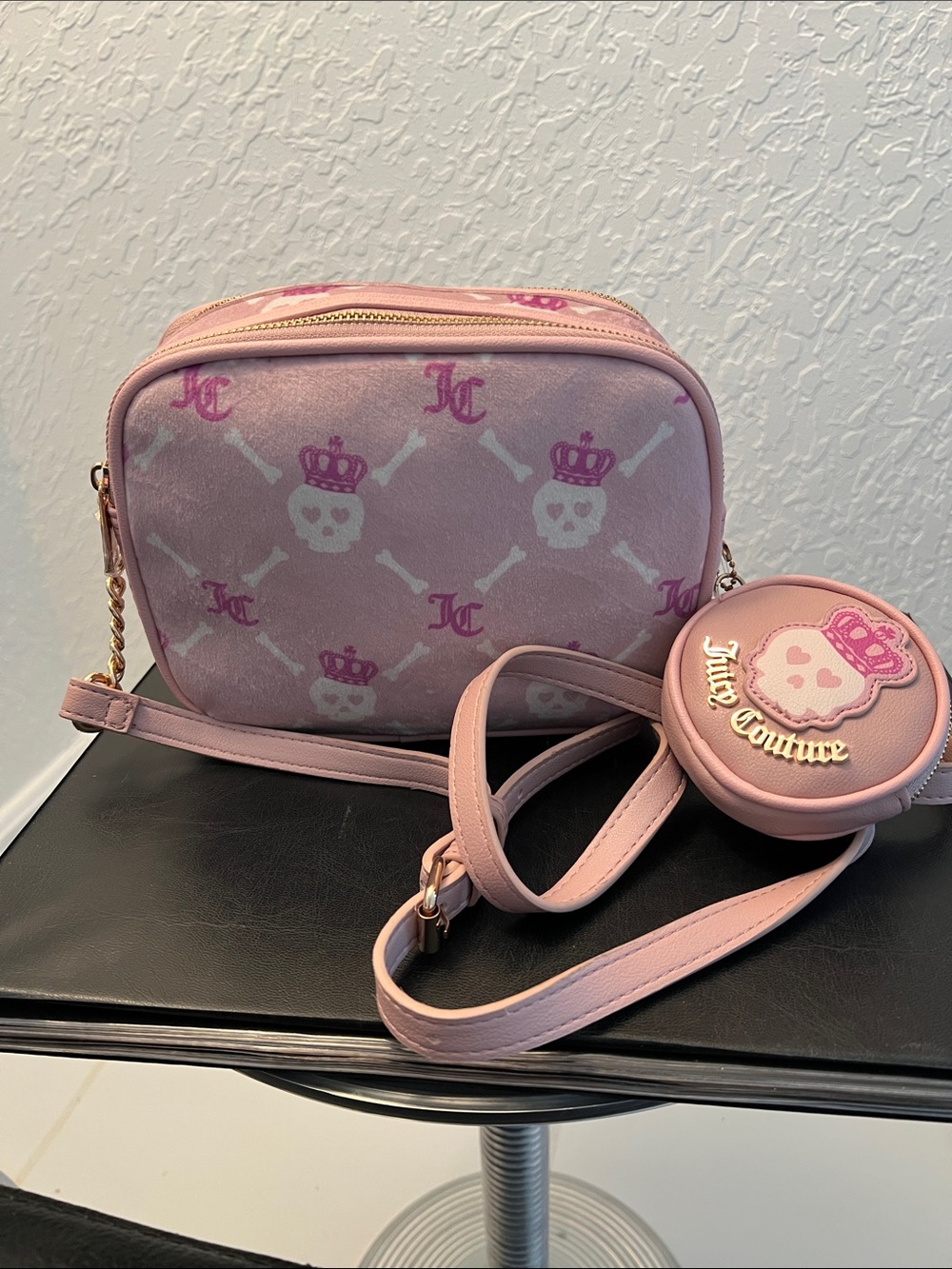 Juicy Couture Light Pink Skull & Crown Camera style Crossbody with Coin Pouch